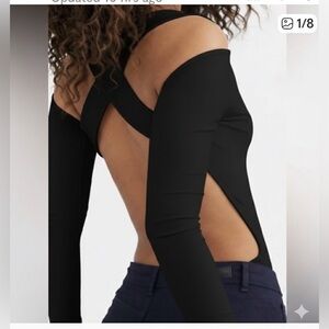 Outrages Fortune Black Off-Shoulder Bodysuit Crisscross Back Straps, Size Small